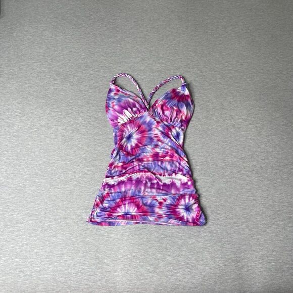 GUESS Women’s Tie-Dye Open Back Knotted Racerback Padded Plunge Top - Picture 11 of 12